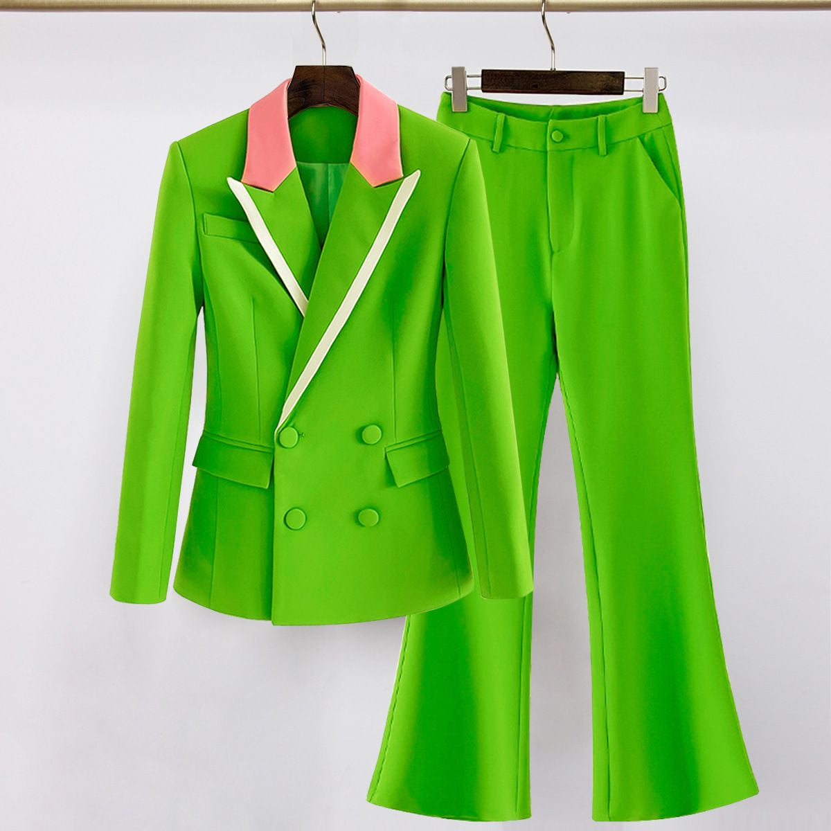 426 XXXL 2024 Milan Style Spring Summer Brand Same Style Two Pieces Sets Long Pants Green Lapel Neck Empire Long Sleeve Mans