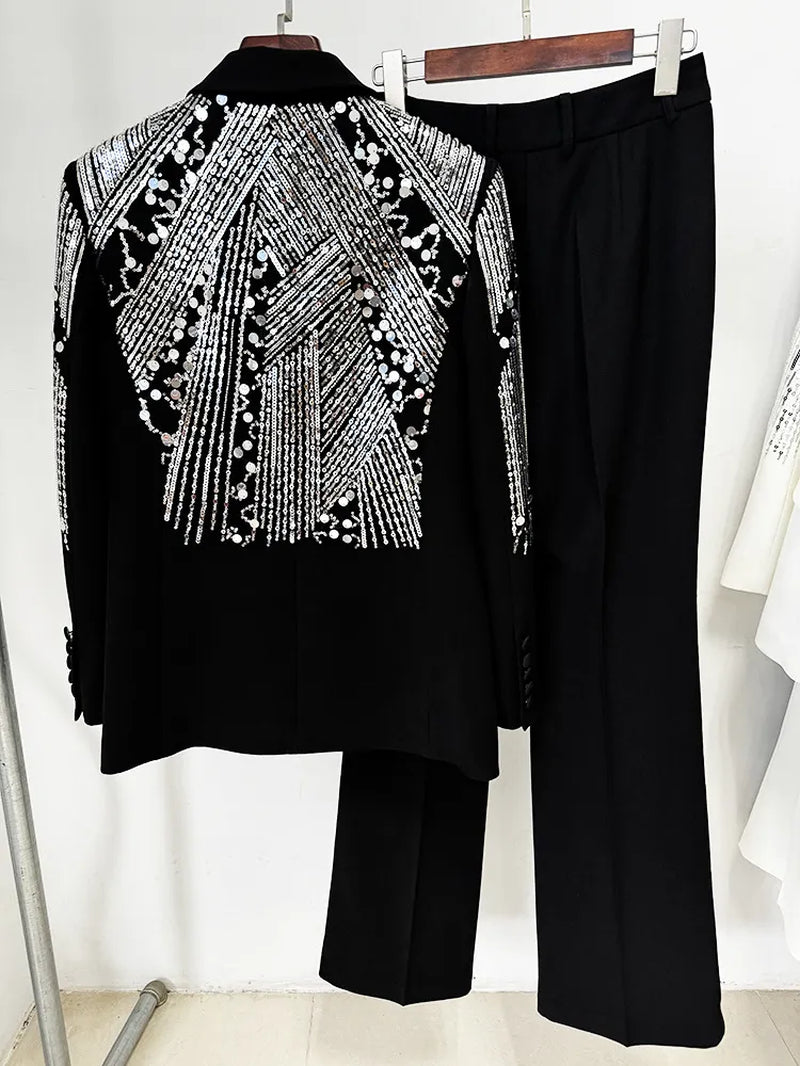 786 XXL 2024 Milan Style Spring Autumn Brand Same Style Two Pieces Sets Black White Sequins Lapel Neck Long Pants Empire Long Sleeve High Quality Womens Clothes Oulai