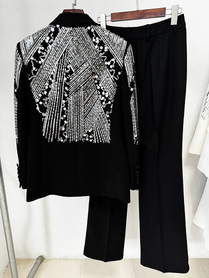 786 XXL 2024 Milan Style Spring Autumn Brand Same Style Two Pieces Sets Black White Sequins Lapel Neck Long Pants Empire Long Sleeve High Quality Womens Clothes Oulai