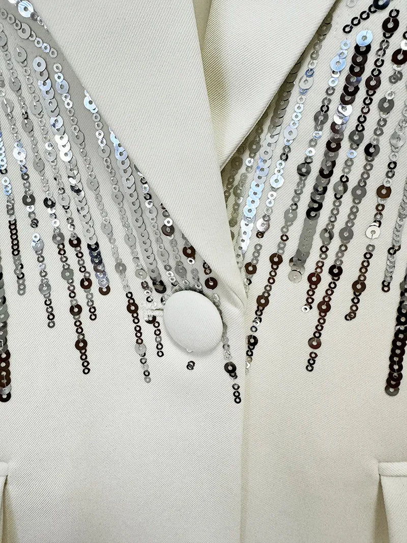 786 XXL 2024 Milan Style Spring Autumn Brand Same Style Two Pieces Sets Black White Sequins Lapel Neck Long Pants Empire Long Sleeve High Quality Womens Clothes Oulai