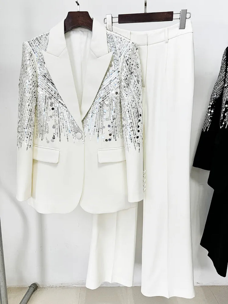 786 XXL 2024 Milan Style Spring Autumn Brand Same Style Two Pieces Sets Black White Sequins Lapel Neck Long Pants Empire Long Sleeve High Quality Womens Clothes Oulai