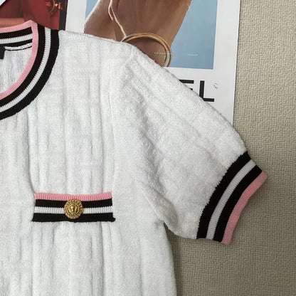 609 2024 Women'S Two Pieces Sets Dress Crew Neck Flora Print Short Skirt Empire Short Sleeve Womens Clothes Jiashun