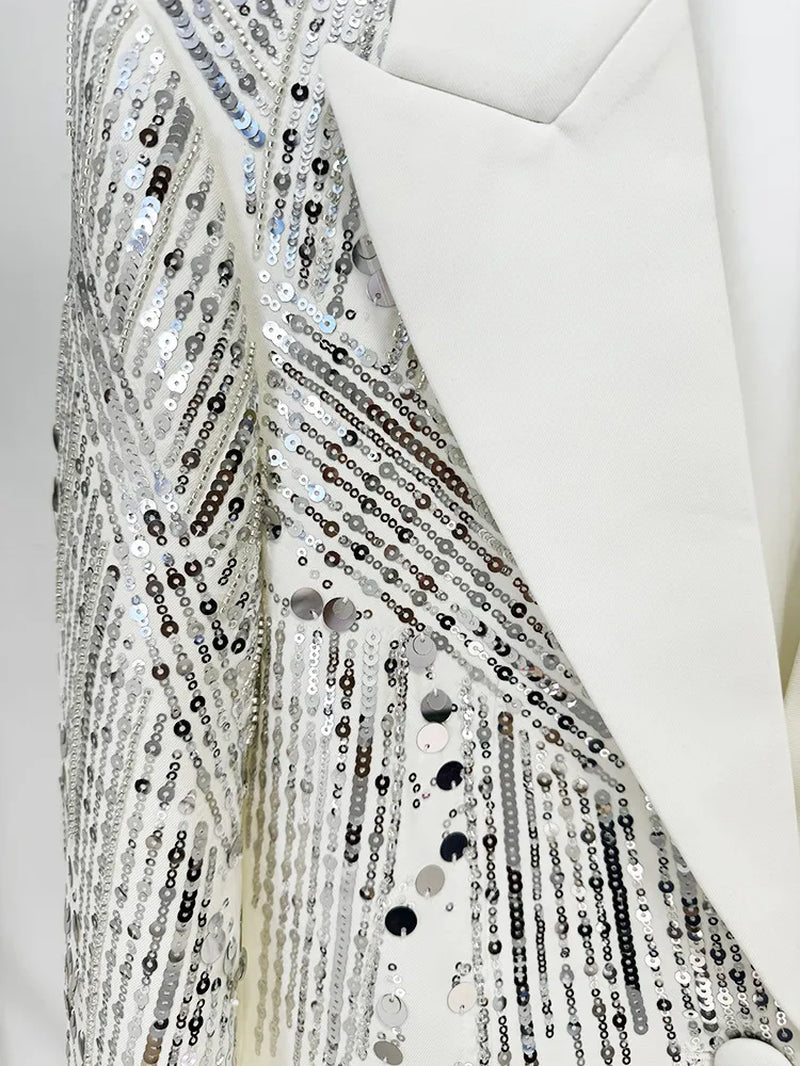 786 XXL 2024 Milan Style Spring Autumn Brand Same Style Two Pieces Sets Black White Sequins Lapel Neck Long Pants Empire Long Sleeve High Quality Womens Clothes Oulai