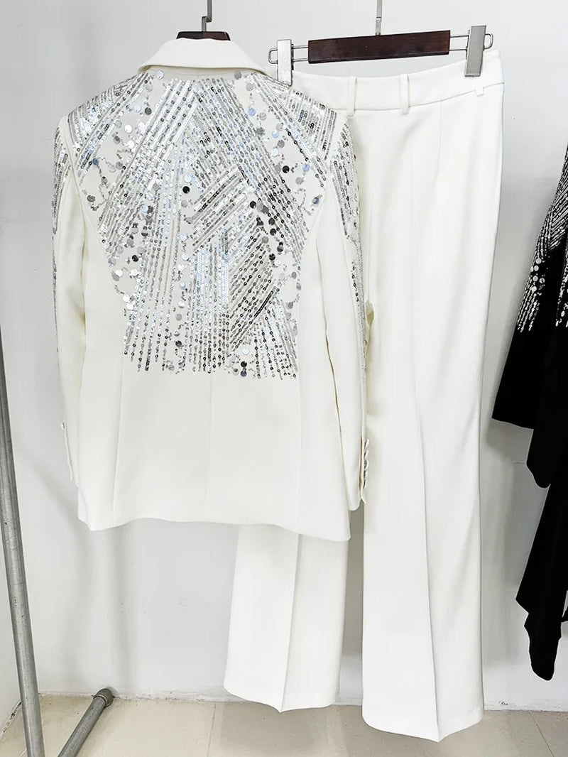 786 XXL 2024 Milan Style Spring Autumn Brand Same Style Two Pieces Sets Black White Sequins Lapel Neck Long Pants Empire Long Sleeve High Quality Womens Clothes Oulai