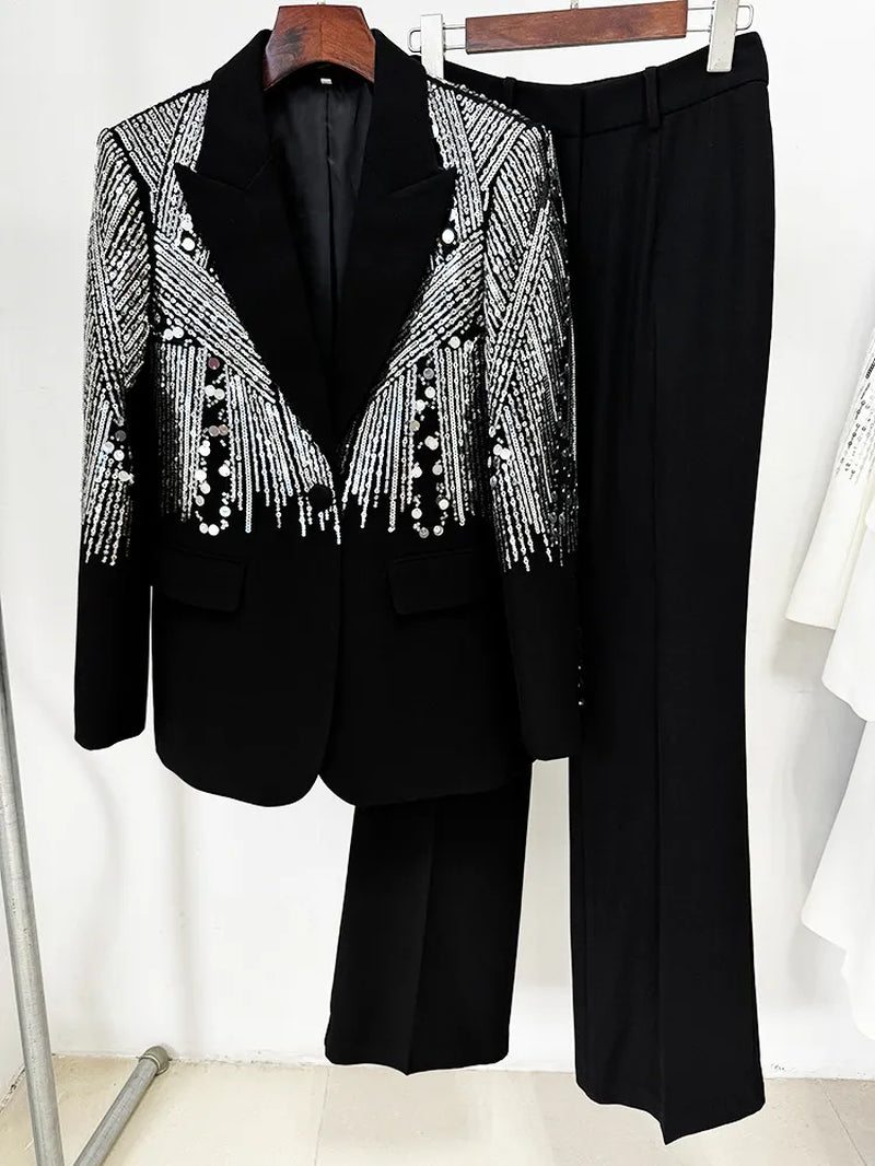 786 XXL 2024 Milan Style Spring Autumn Brand Same Style Two Pieces Sets Black White Sequins Lapel Neck Long Pants Empire Long Sleeve High Quality Womens Clothes Oulai