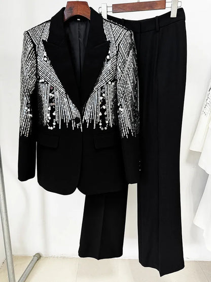 786 XXL 2024 Milan Style Spring Autumn Brand Same Style Two Pieces Sets Black White Sequins Lapel Neck Long Pants Empire Long Sleeve High Quality Womens Clothes Oulai