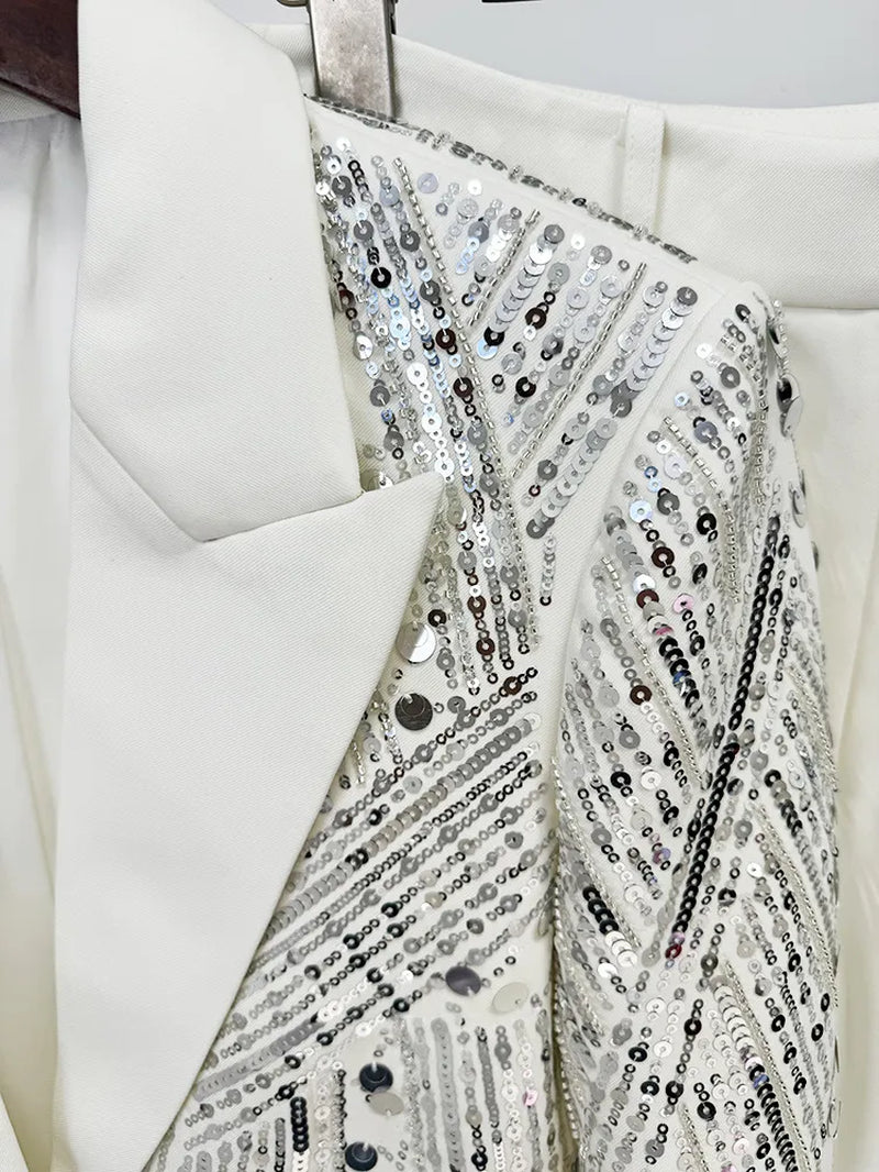 786 XXL 2024 Milan Style Spring Autumn Brand Same Style Two Pieces Sets Black White Sequins Lapel Neck Long Pants Empire Long Sleeve High Quality Womens Clothes Oulai