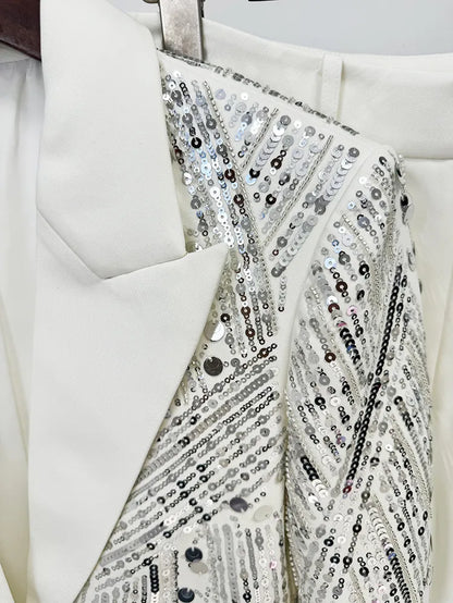 786 XXL 2024 Milan Style Spring Autumn Brand Same Style Two Pieces Sets Black White Sequins Lapel Neck Long Pants Empire Long Sleeve High Quality Womens Clothes Oulai