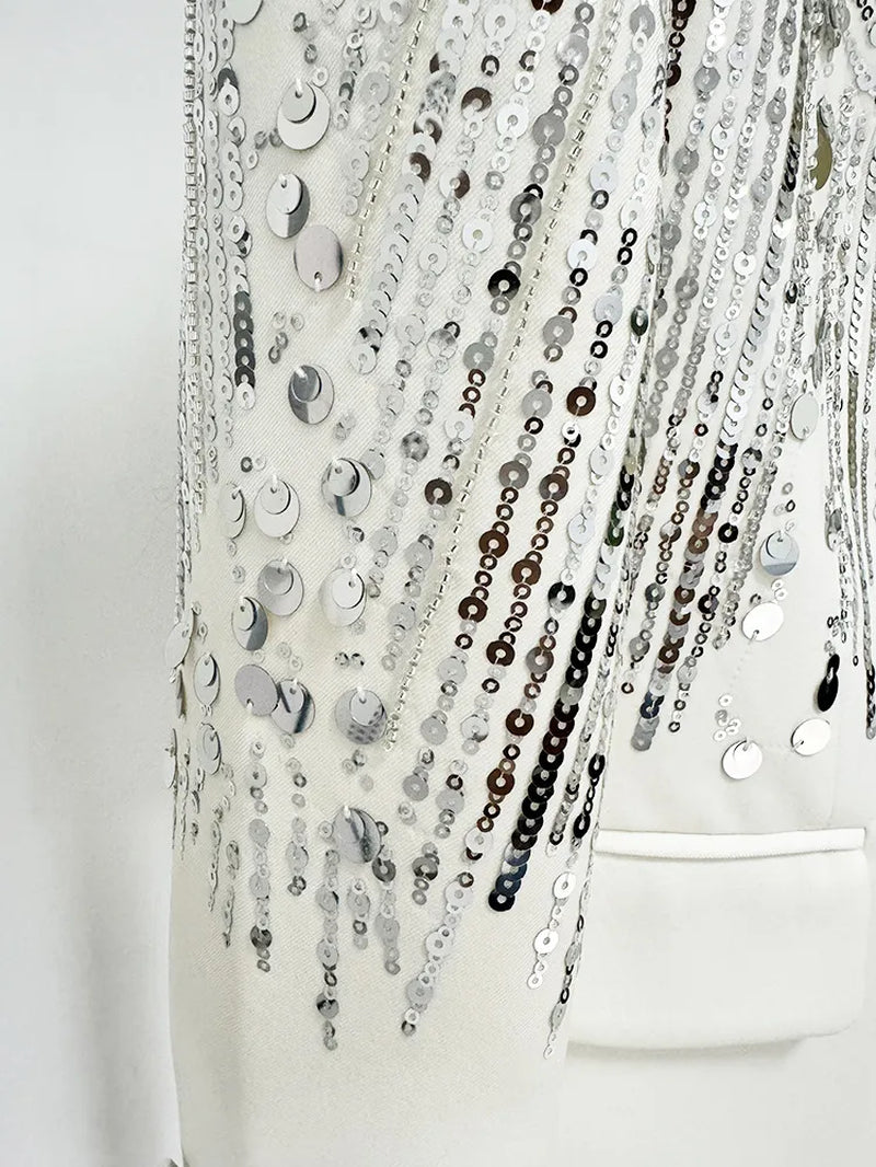 786 XXL 2024 Milan Style Spring Autumn Brand Same Style Two Pieces Sets Black White Sequins Lapel Neck Long Pants Empire Long Sleeve High Quality Womens Clothes Oulai