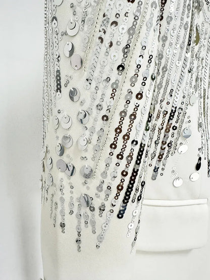 786 XXL 2024 Milan Style Spring Autumn Brand Same Style Two Pieces Sets Black White Sequins Lapel Neck Long Pants Empire Long Sleeve High Quality Womens Clothes Oulai